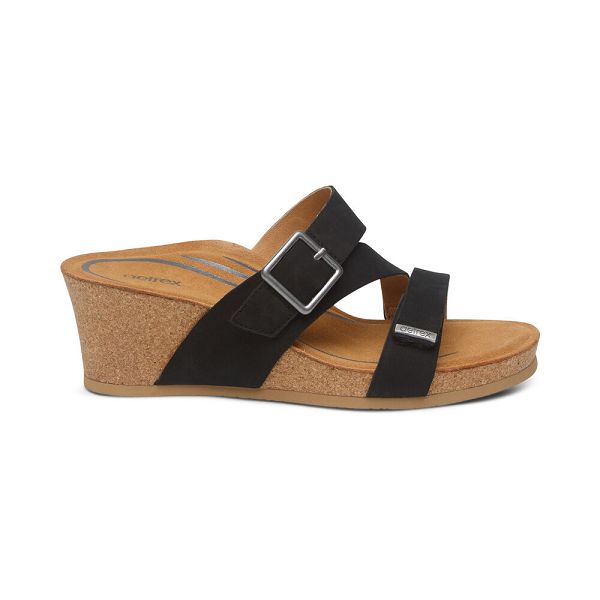 Aetrex Women's Kimmy Arch Support Wedge Sandals - Black | USA C25XIAP